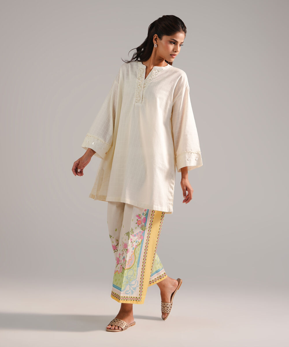 Women's RTW Dobby Embroidered Off White 2 Piece Suit