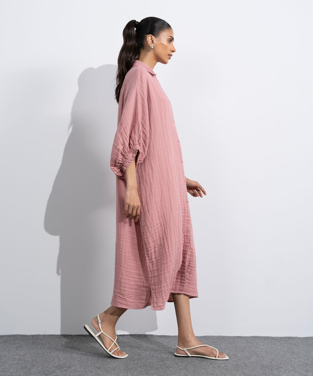 Women's Western Tea-Pink Batwing Sleeve Cotton Muslin Dress