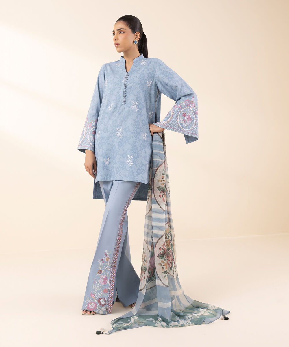 Women's Unstitched Cotton Jacquard Embroidered Blue 3 Piece Suit