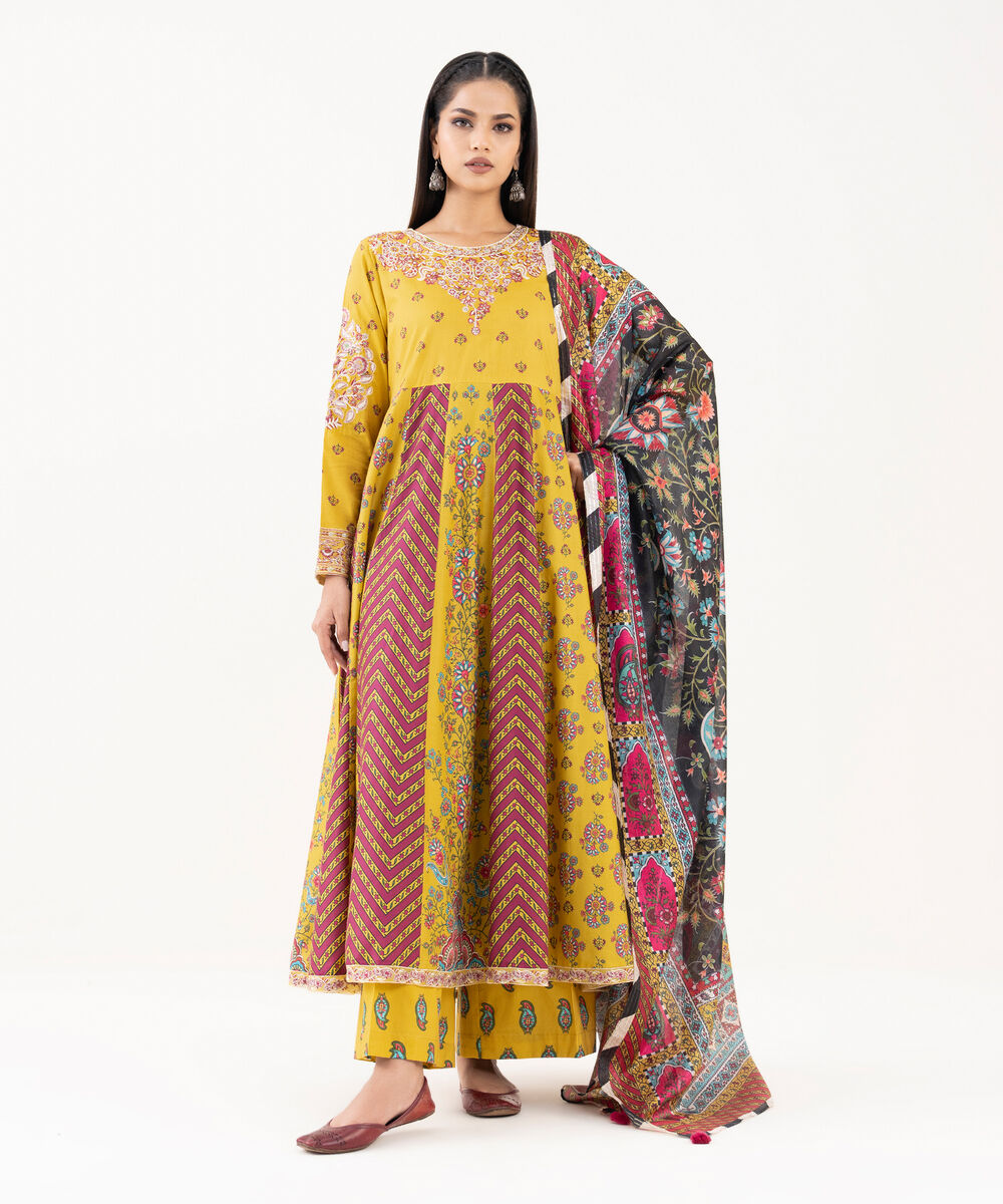 Women's RTW Lawn Viscose Yellow Embroidered Pishwas