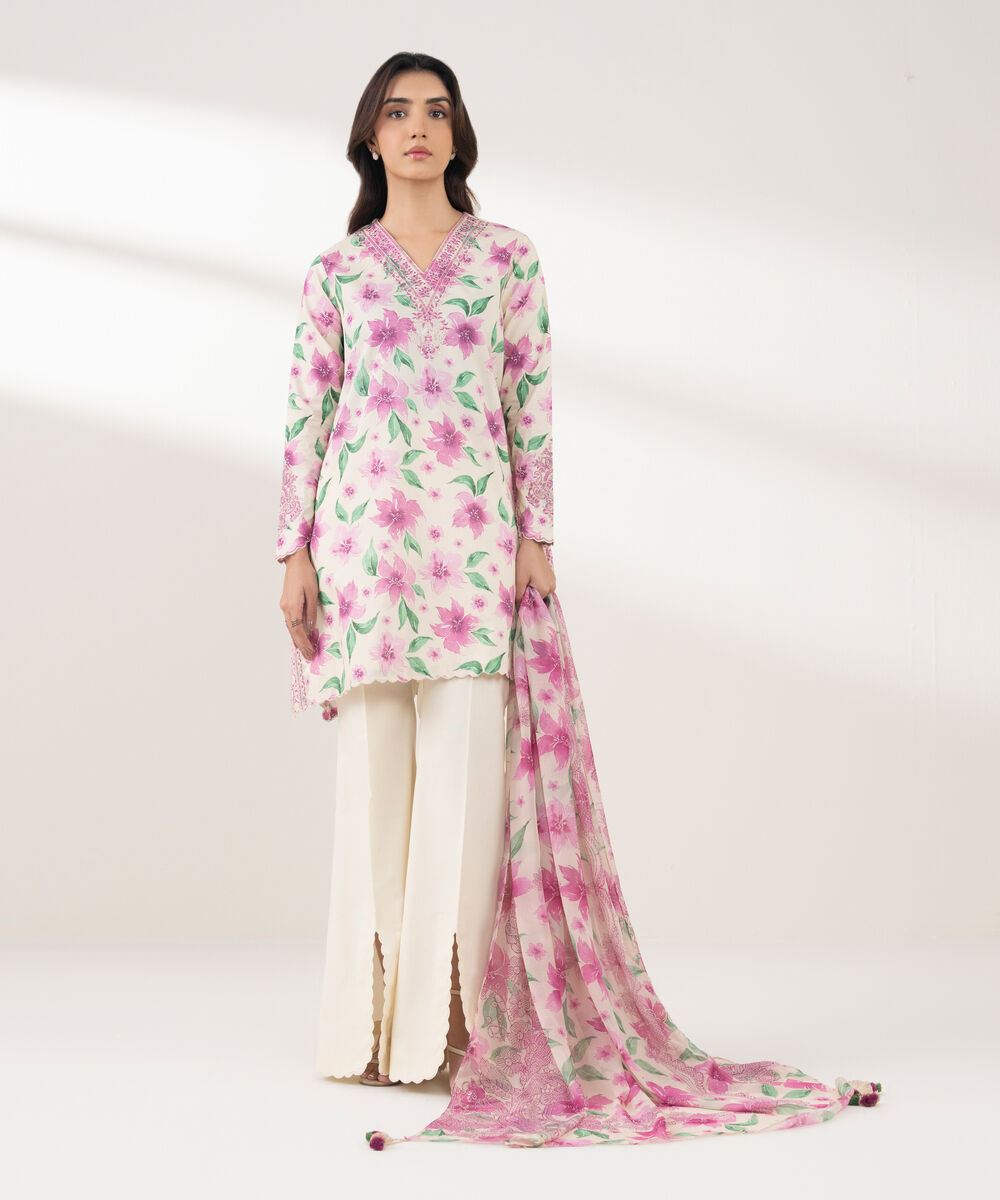 Women's Unstitched Lawn Embroidered Pink 3 Piece Suit