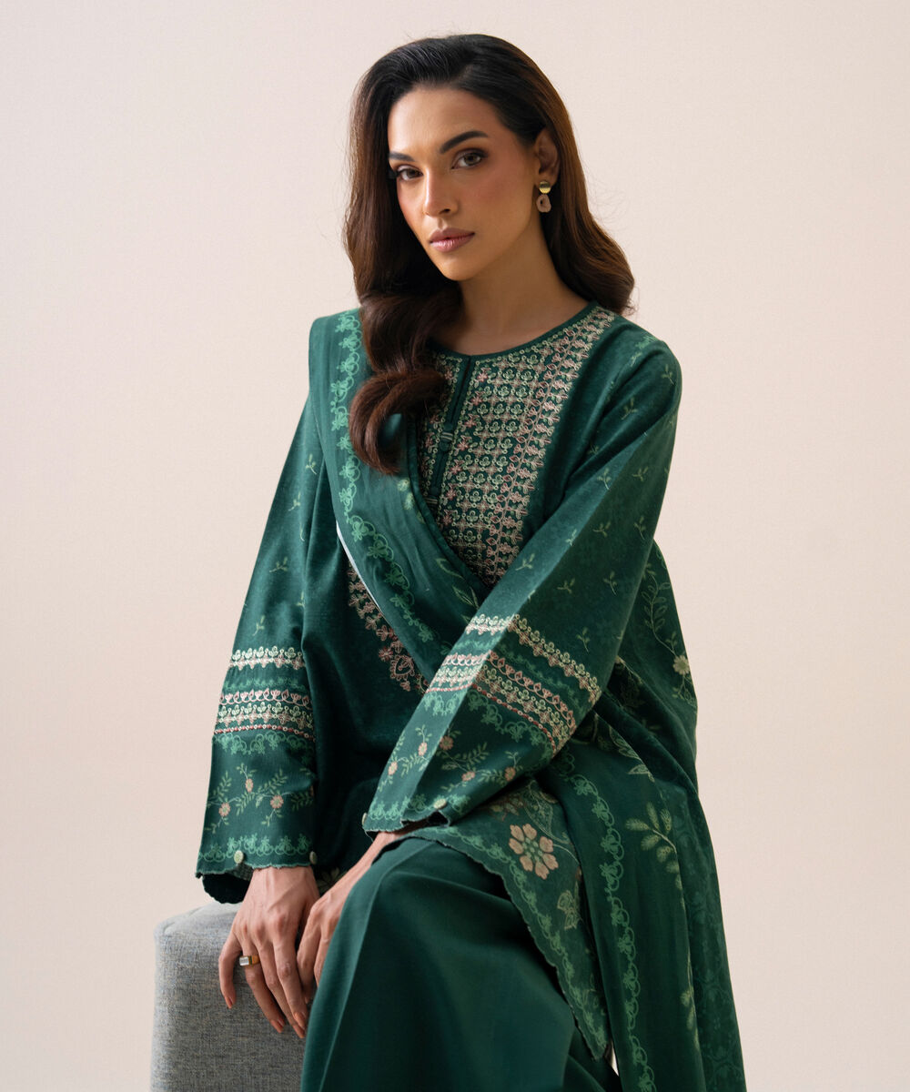Women's Unstitched Light Khaddar Embroidered Green 3 Piece Suit