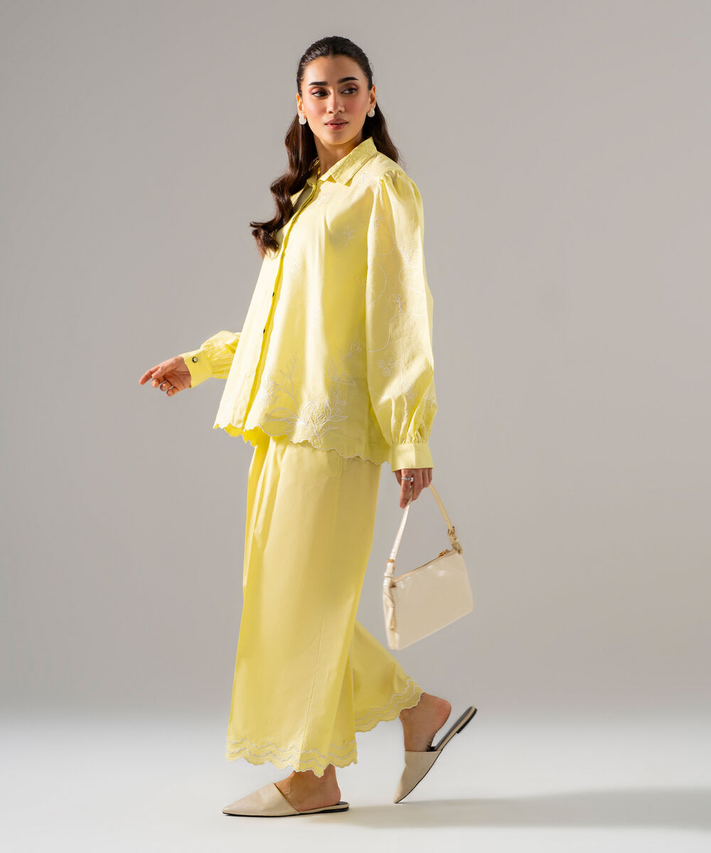 Women's RTW Dobby Solid Embroidered Pale Yellow 2 Piece Suit