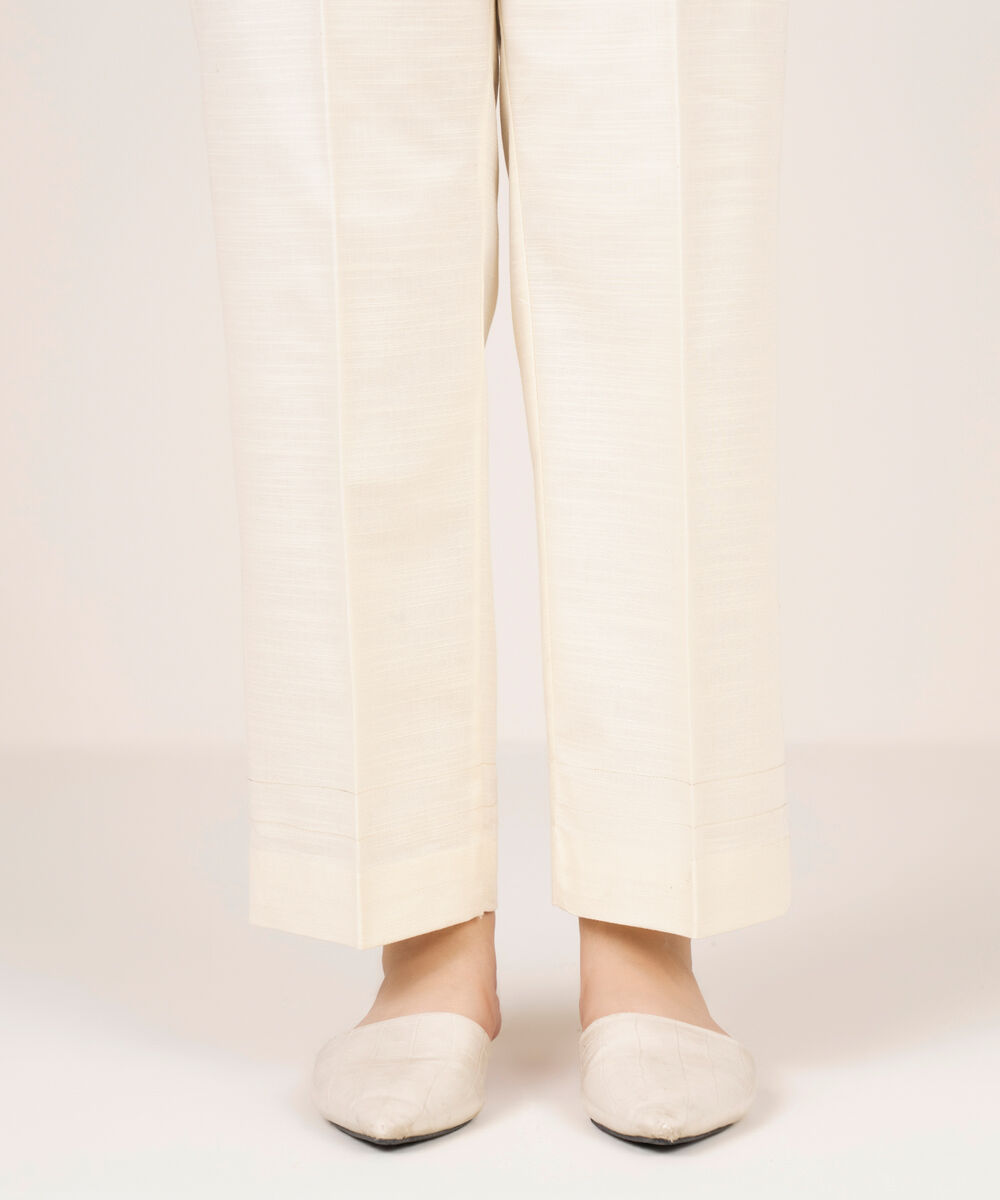 Women's RTW Light Khaddar Solid Off White Straight Pants