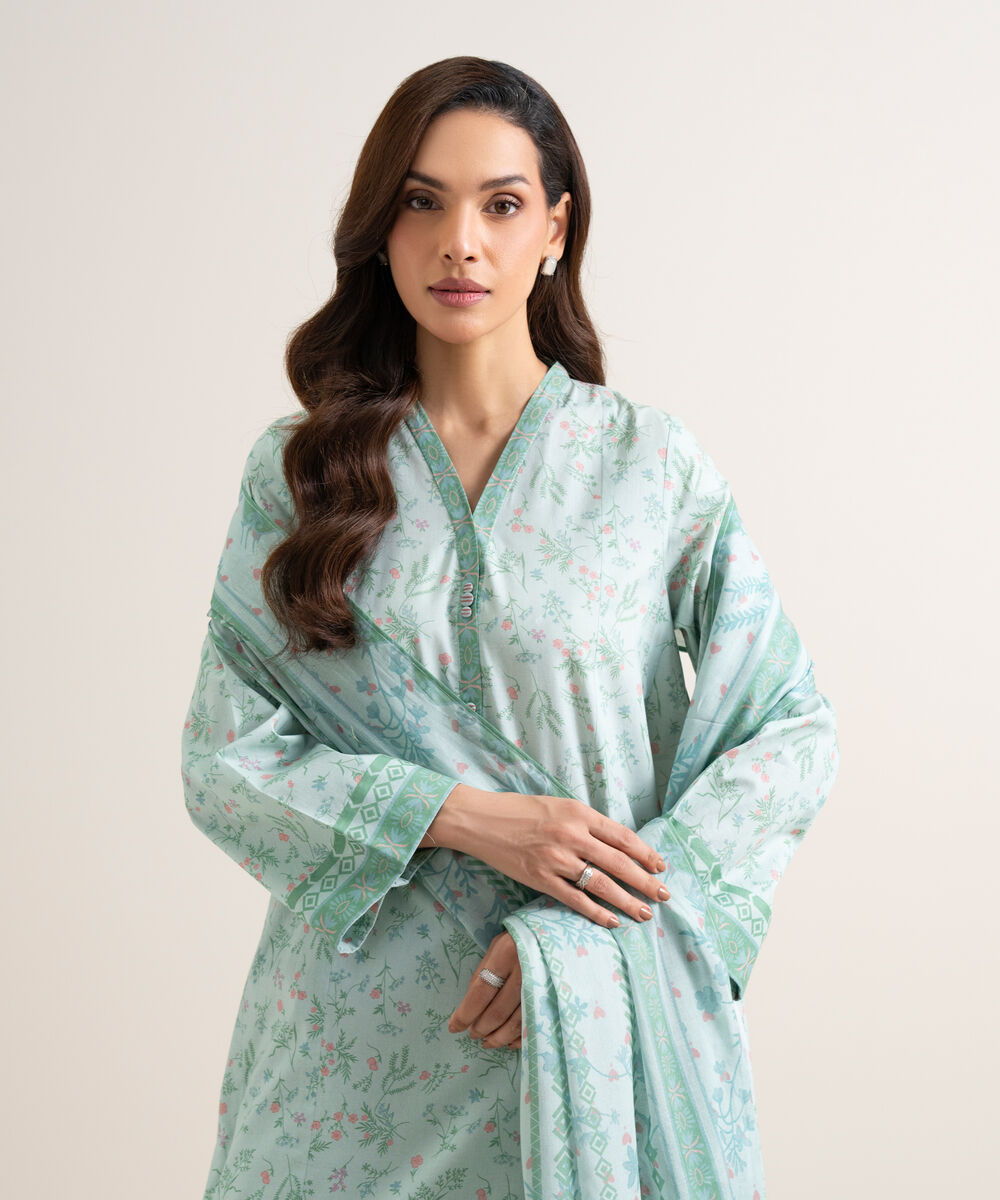 Women's Unstitched Lawn Printed Blue 3 Piece Suit