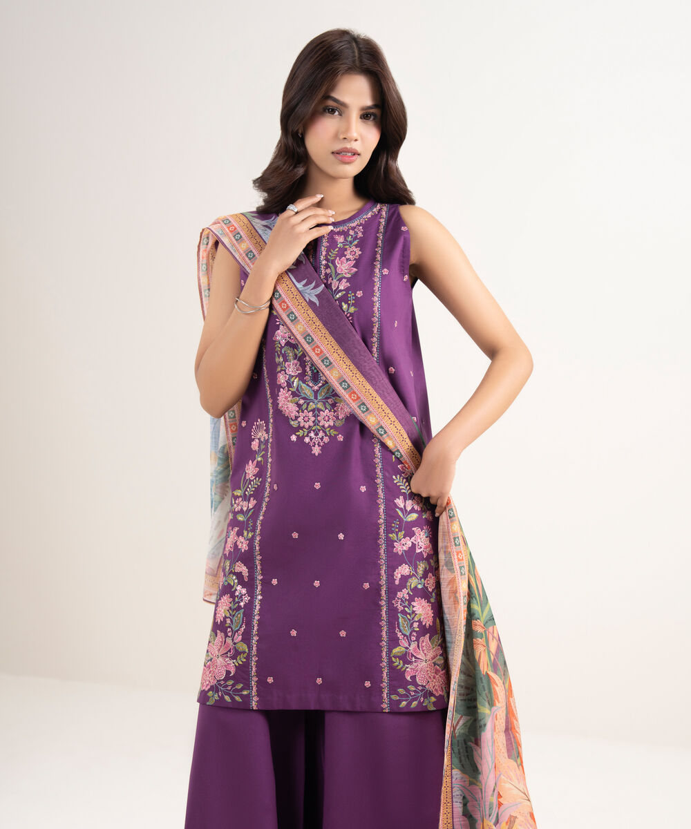 Women's Unstitched Lawn Purple Embroidered 3 Piece Suit