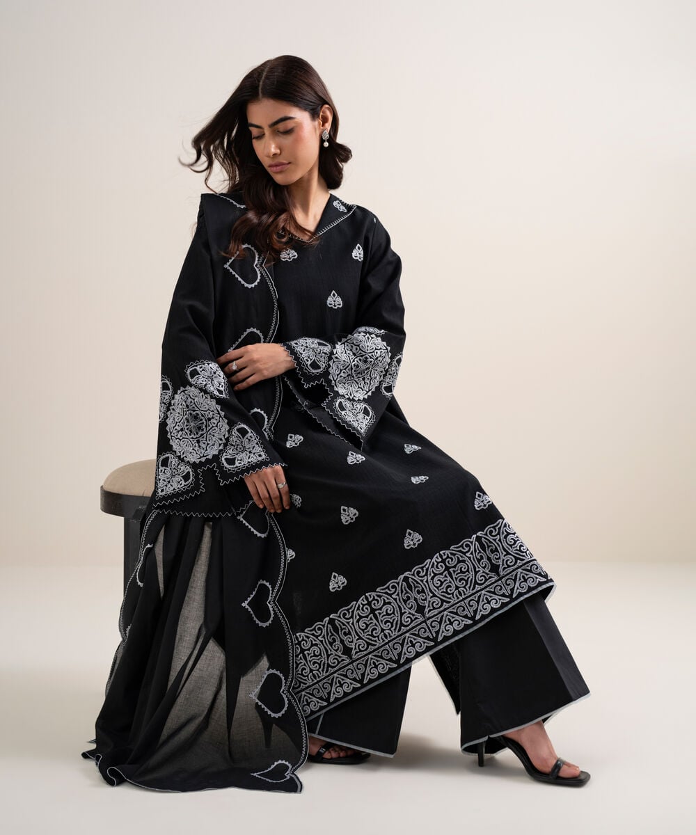 Women's Unstitched Dobby Embroidered Black 3 Piece Suit