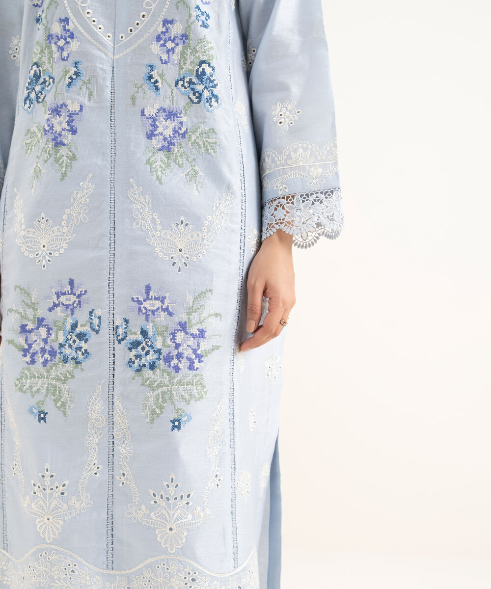 Women's RTW Silk Cotton Net Embroidered Blue 3 Piece Suit