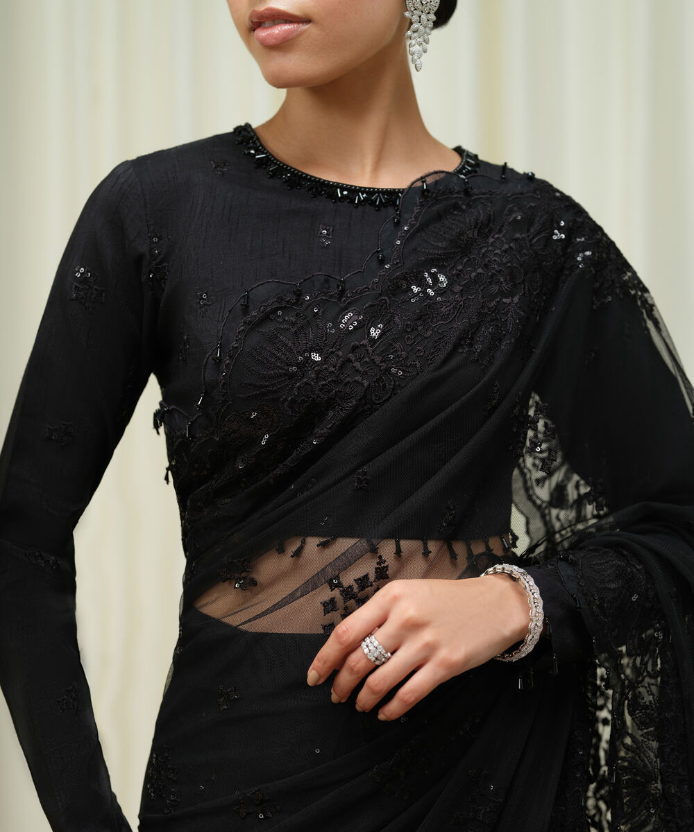 Women's Unstitched Embroidered Net Black Saree