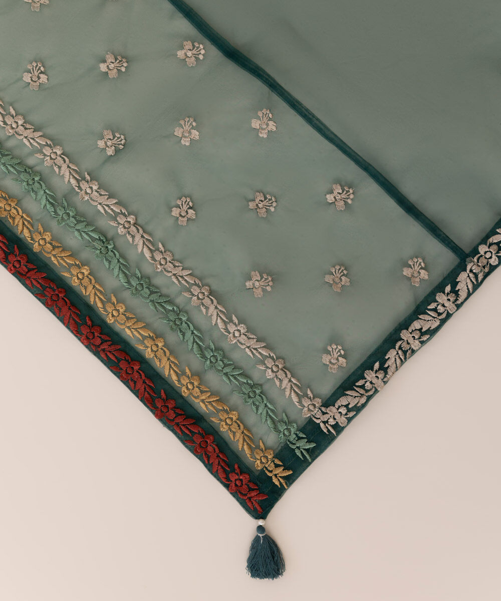 Blended Organza Green Embroidered Dupatta