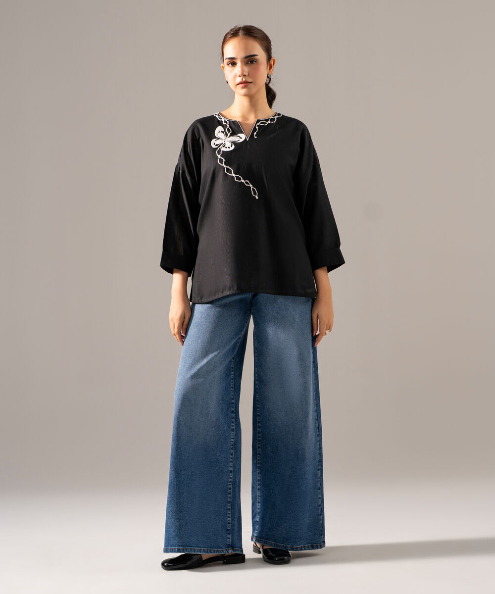 Women's RTW Khaddar Solid Embroidered Black Drop Shoulder Shirt