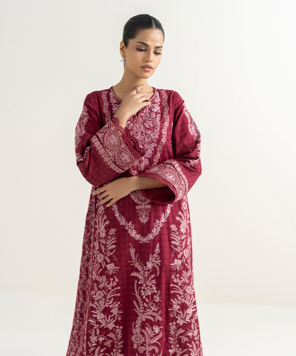 Women's RTW Textured Cotton Red Embroidered A-Line Shirt