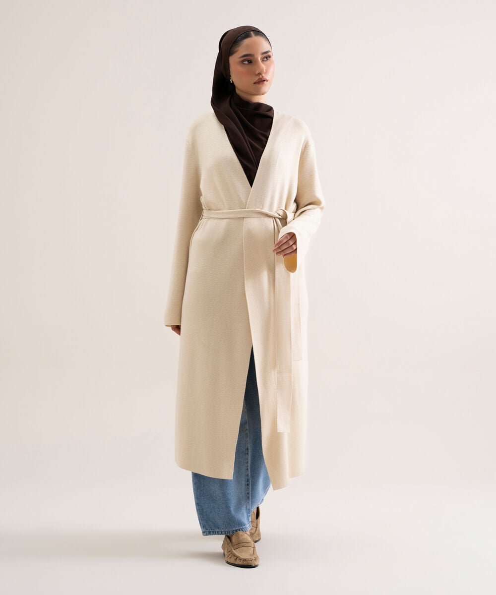 Women's Ivory Solid Sweater-Knit Abaya Set