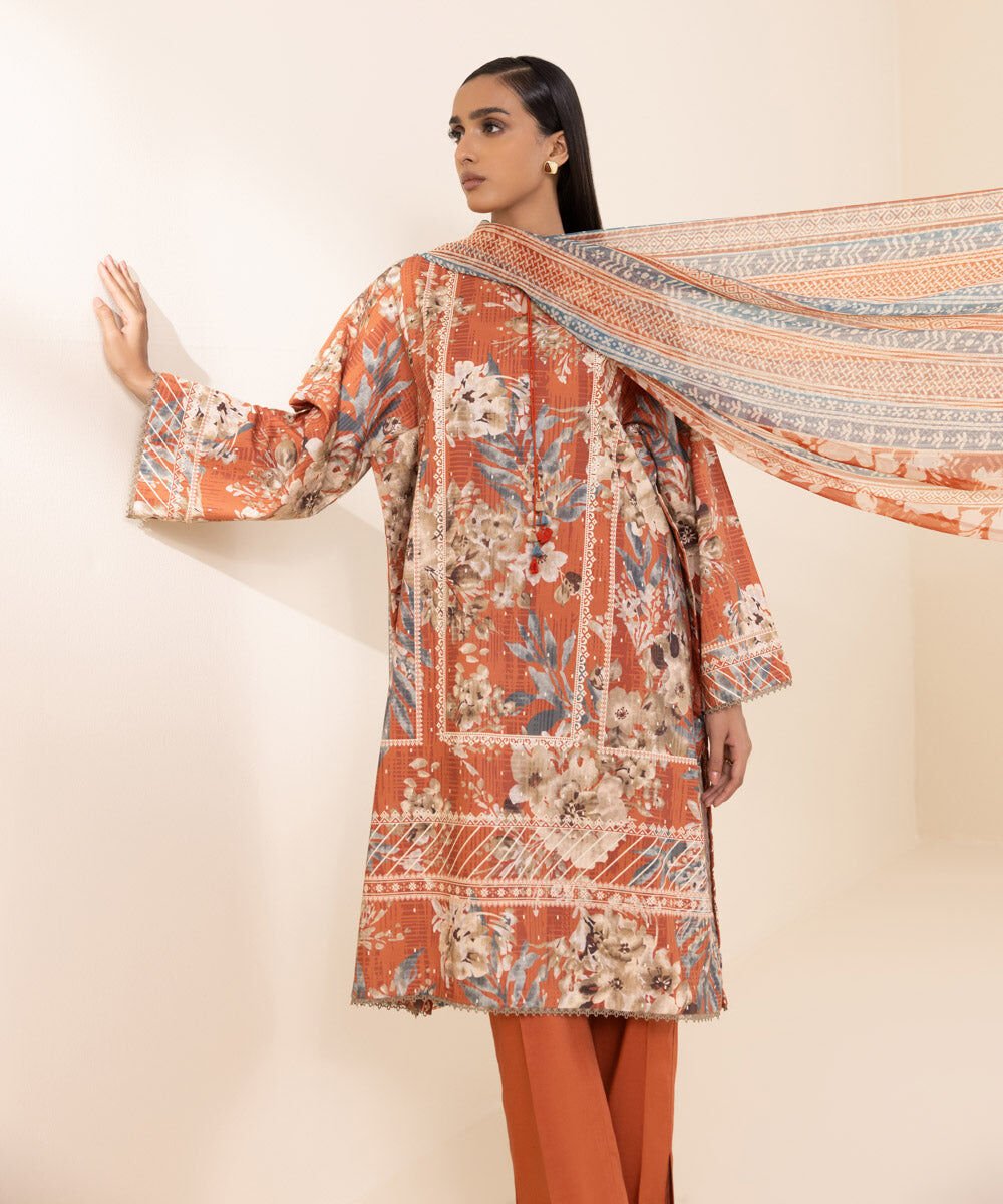 3 Piece - Printed Cambric Suit Women's Pret Cambric Orange Printed 3 Piece Suit