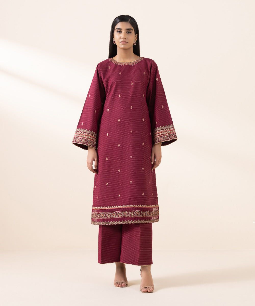 Women's Unstitched Zari Khaddar Red Embroidered 2 Piece Suit