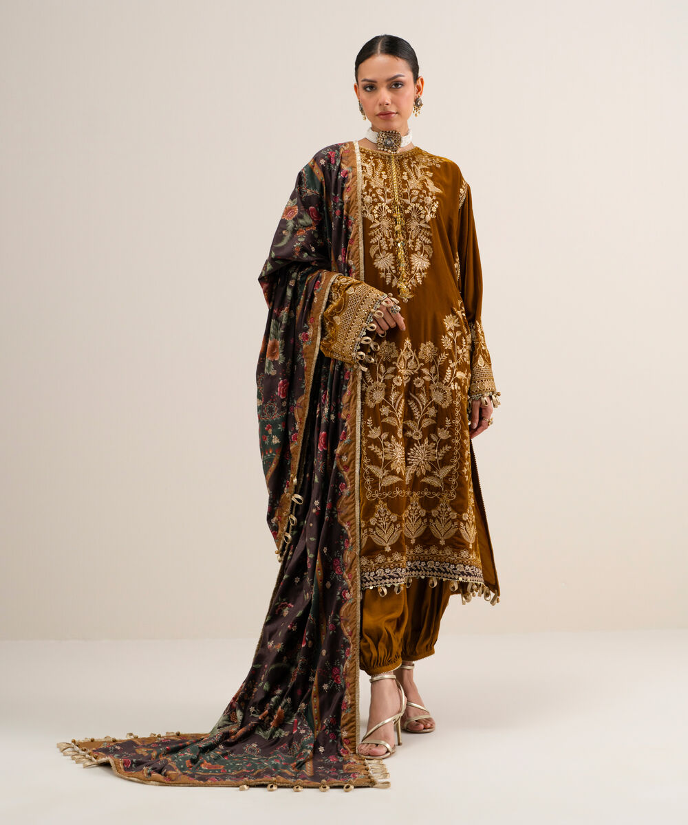 Women's Unstitched Embroidered Velvet Brown 3 Piece Suit
