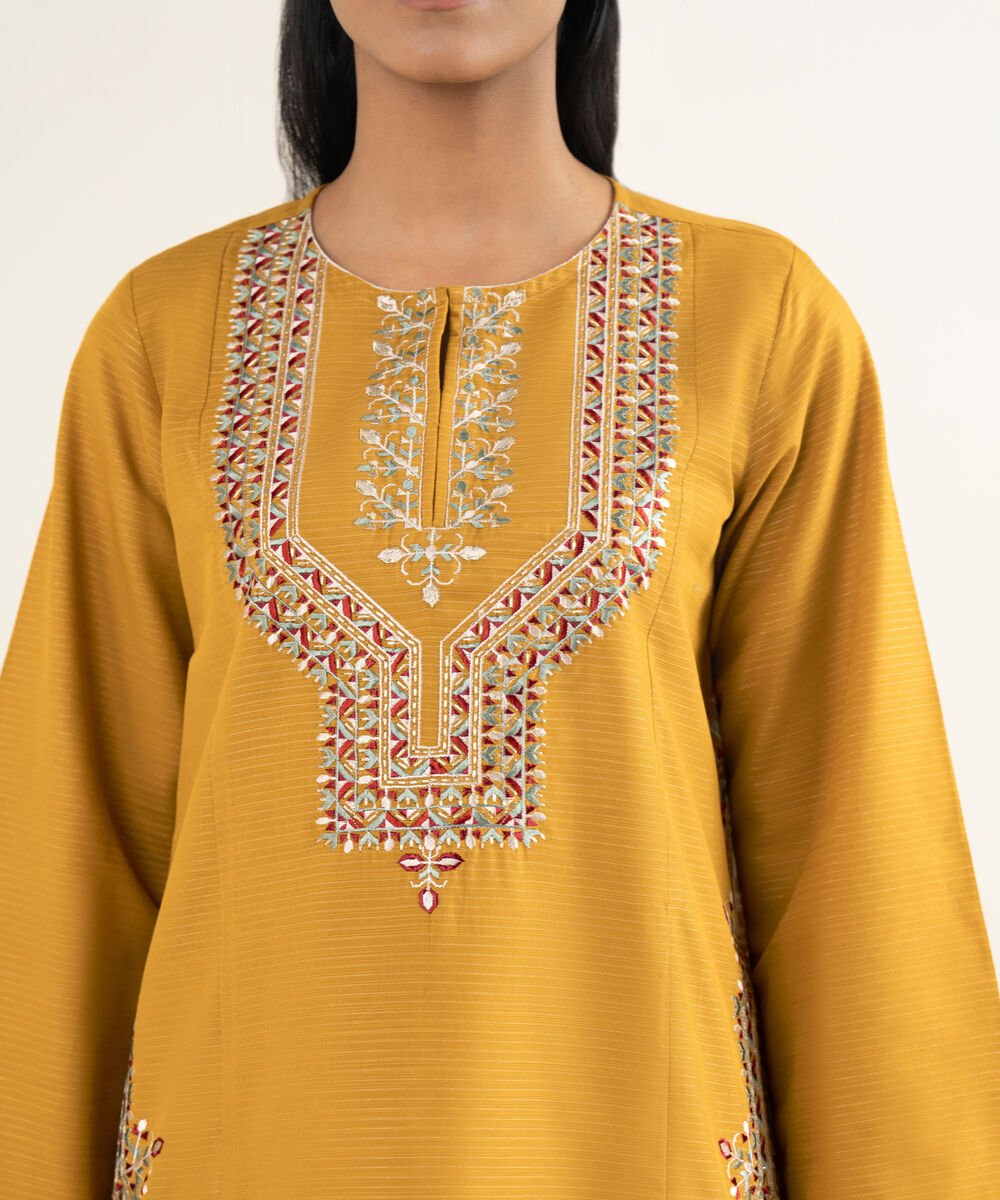 Women's RTW Fancy Textured Slub Embroidered Mustard Straight Shirt
