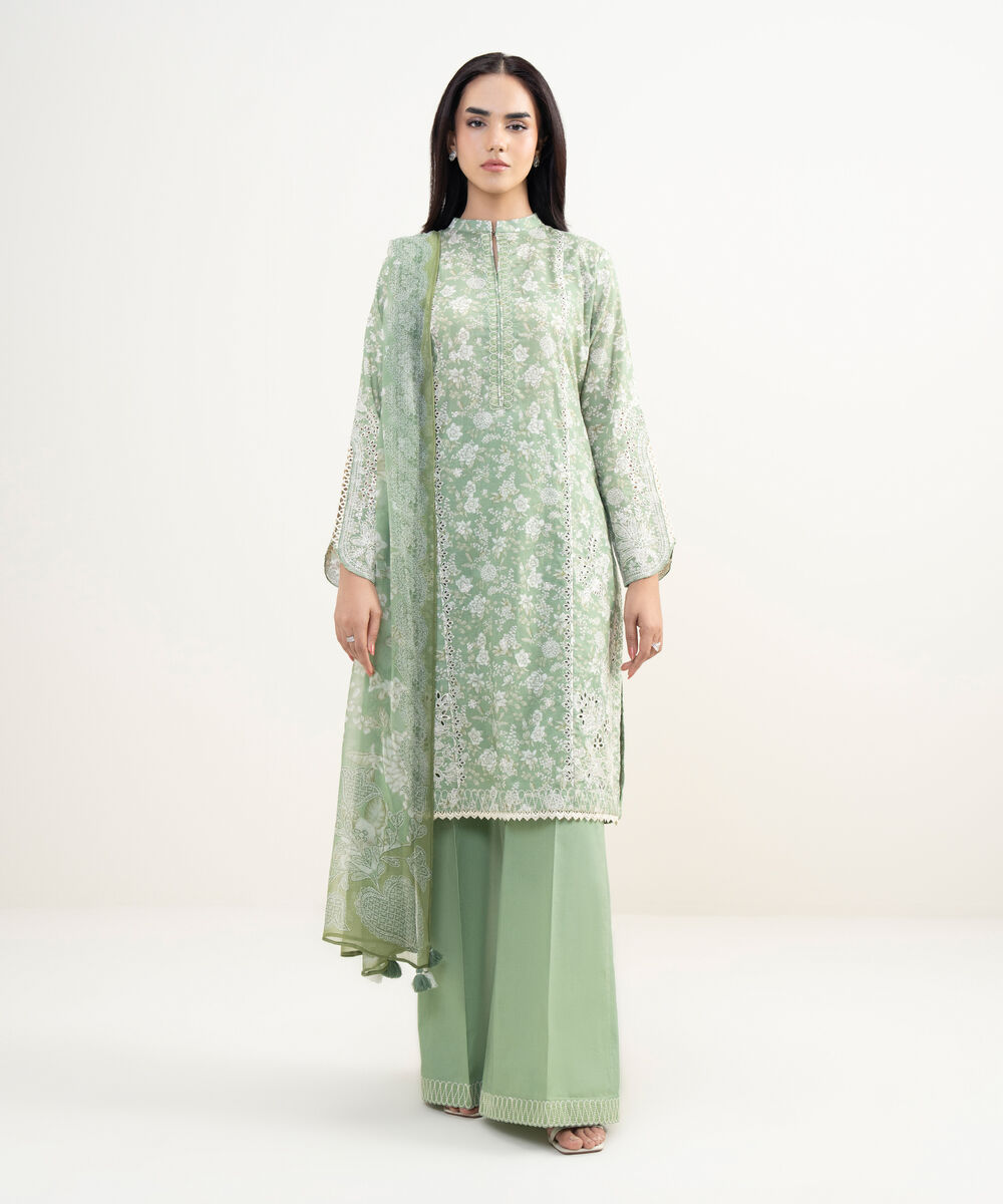 Women's Unstitched Lawn Embroidered Green 3 Piece Suit