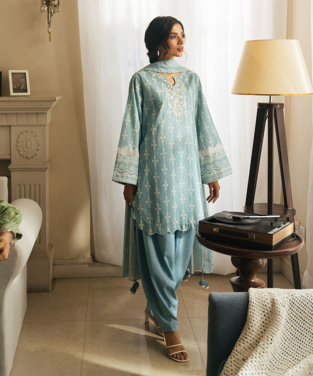 Women's Unstitched Lawn Embroidered Ice Blue 3 Piece Suit