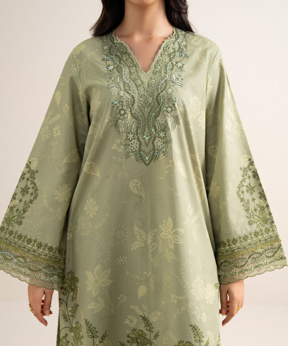 Women's Unstitched Embroidered Cotton Moss Green 3 Piece Suit