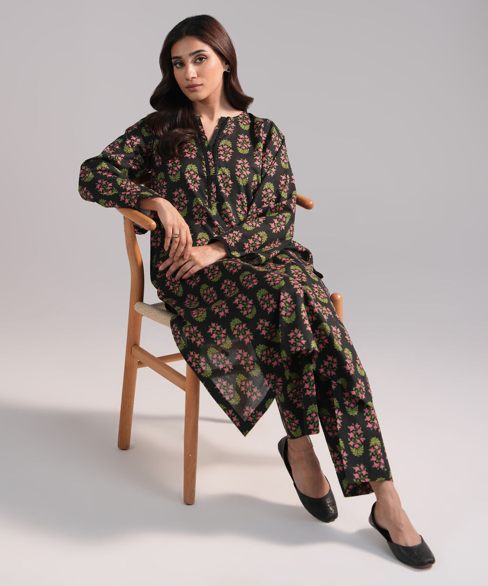 Women's RTW Crosshatch Printed Black Straight Shirt