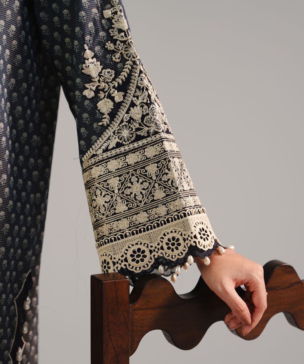 Women's RTW Zari Lawn Embroidered Dark Blue 3 Piece Suit