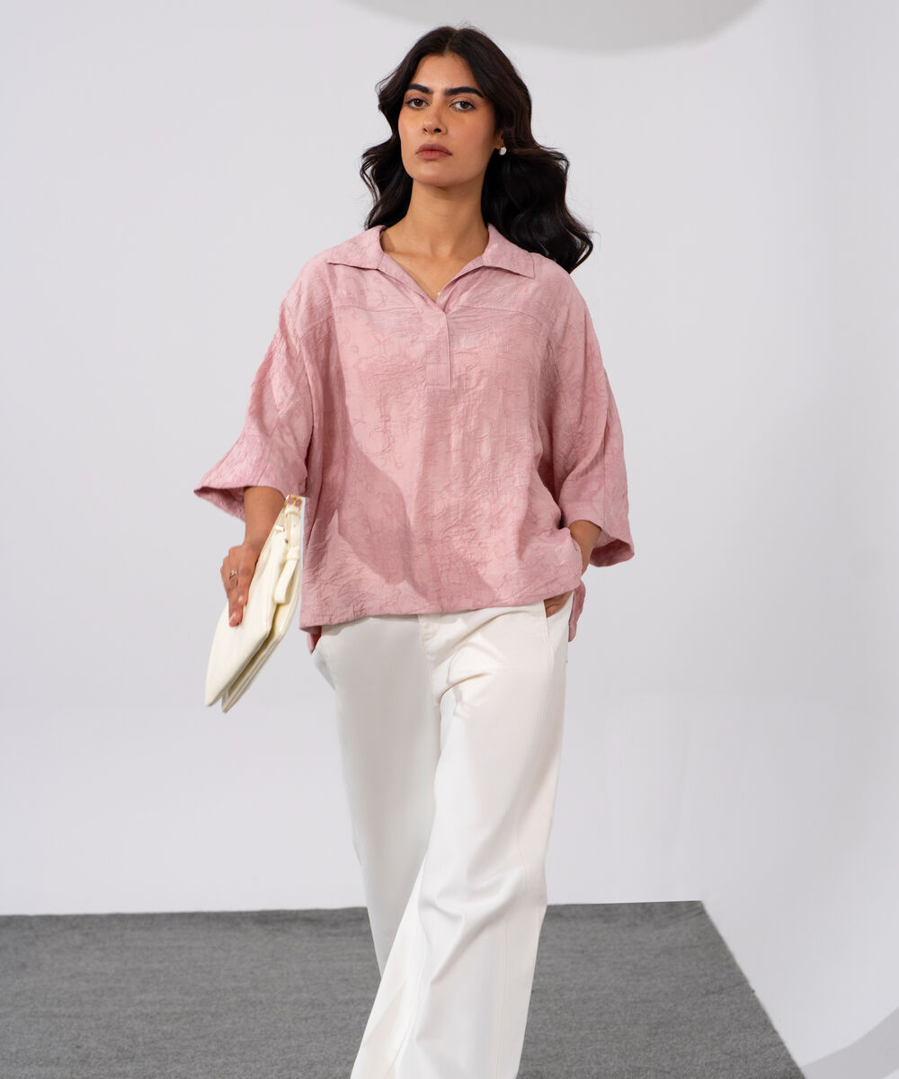 Women's Pink Loose Fit Top With Kimono Sleeves