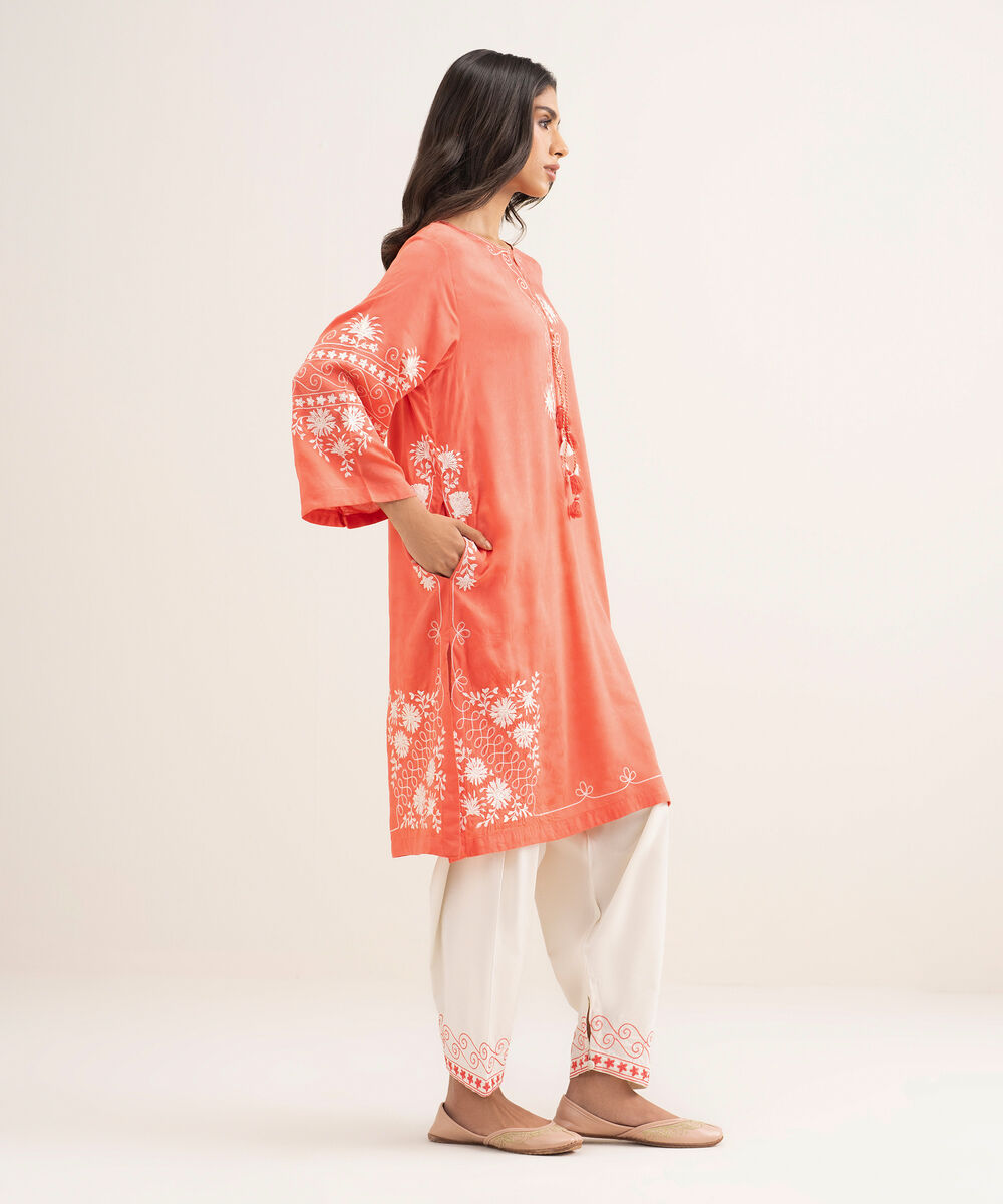 Women's RTW Arabic Self Jacquard Embroidered Orange Straight Shirt