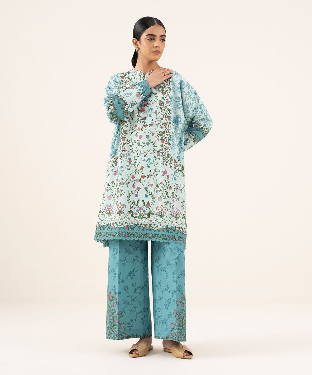 Women's Unstitched Viscose Khaddar Printed Blue 2 Piece Suit