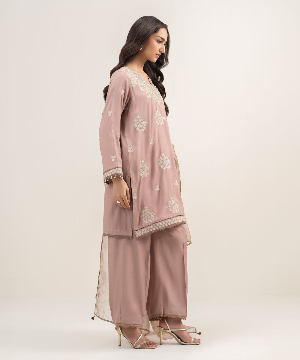 Women's RTW Viscose Raw Silk Embroidered Mauve 3 Piece Suit