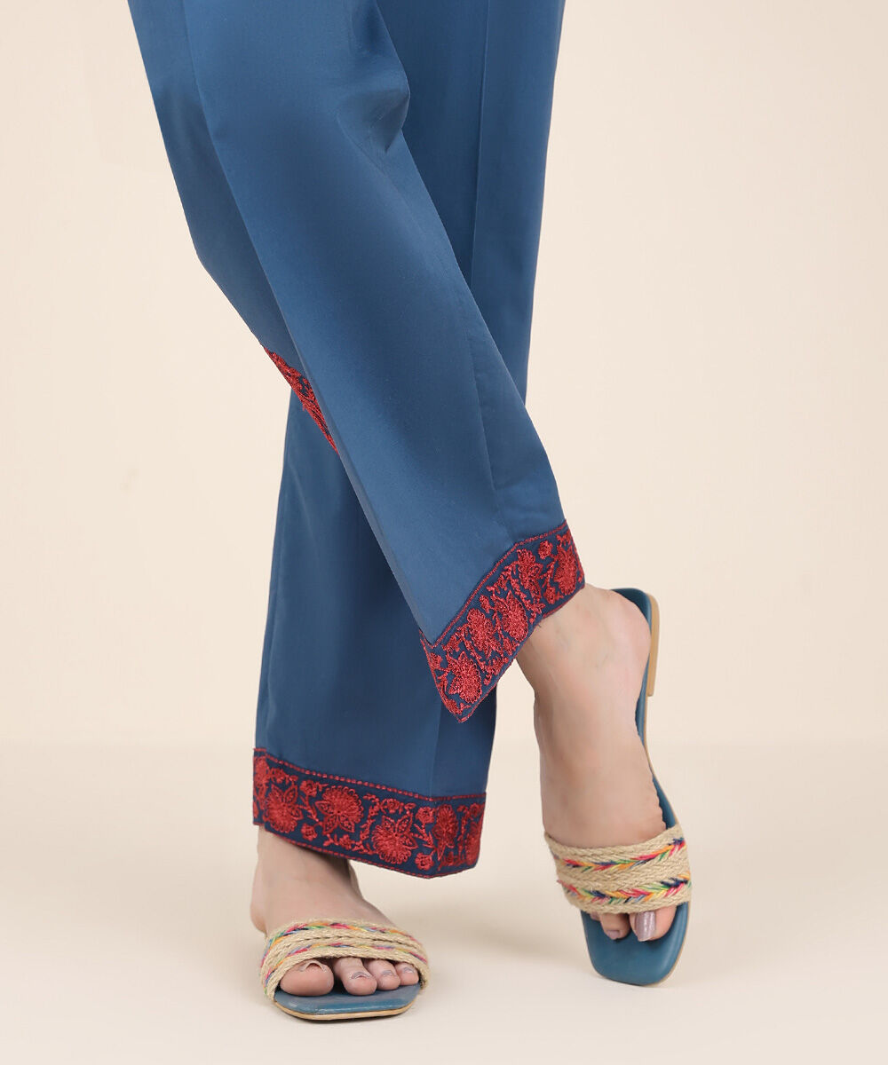 Women's RTW Cambric Blue Embroidered Straight Pants