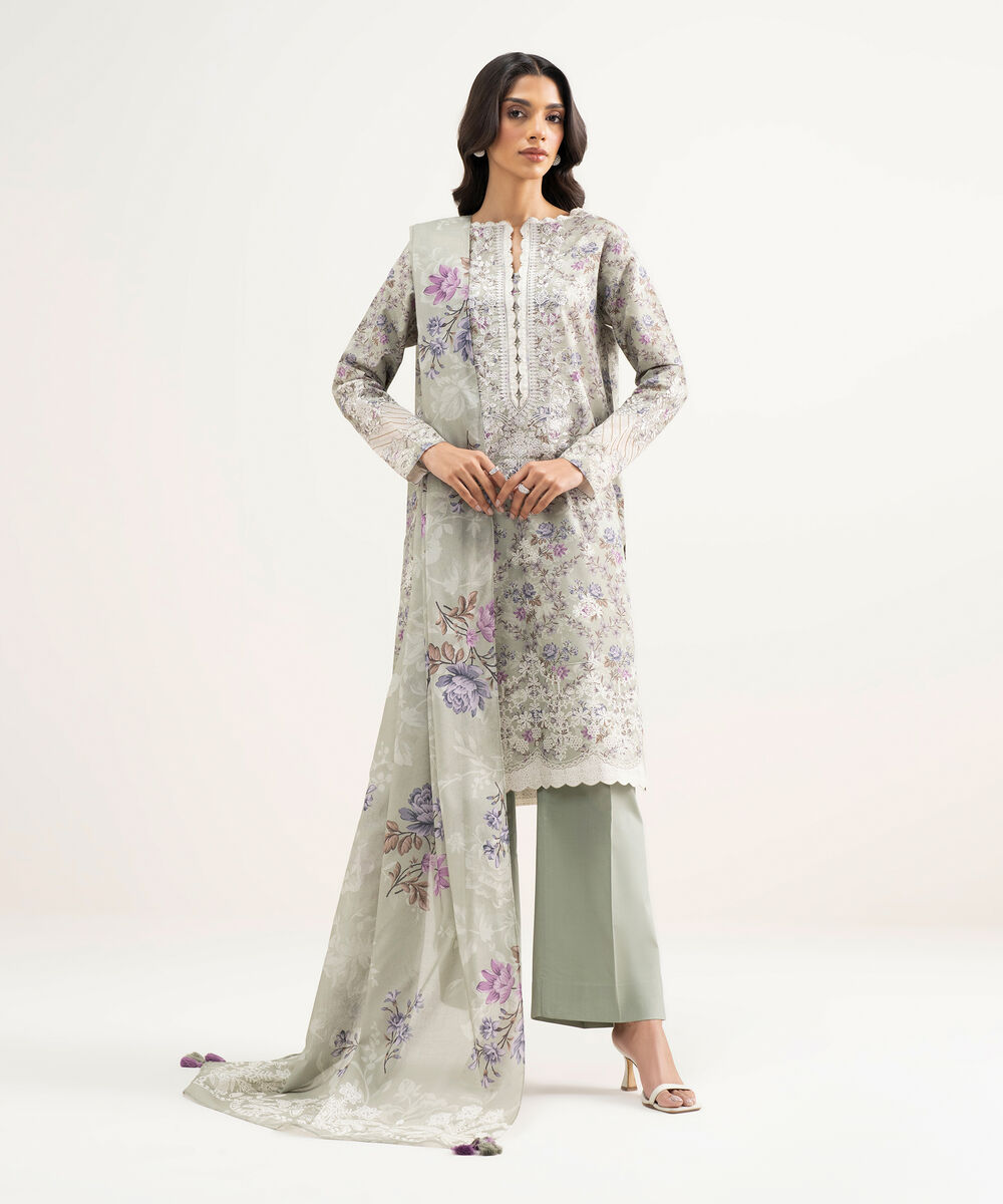 Women's Unstitched Zari Lawn Embroidered Grey 3 Piece Suit