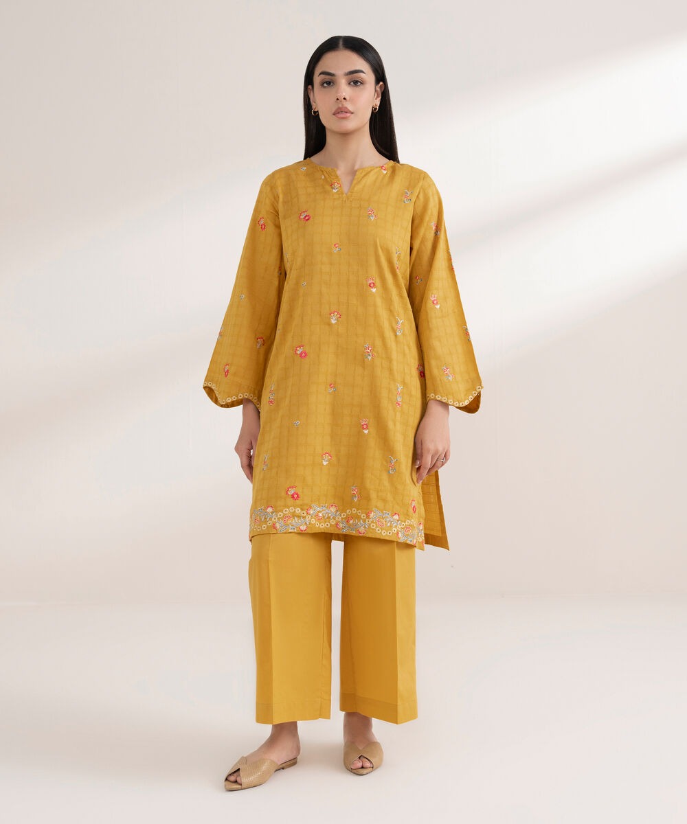 Women's RTW Textured Cotton Embroidered Straight Yellow Shirt