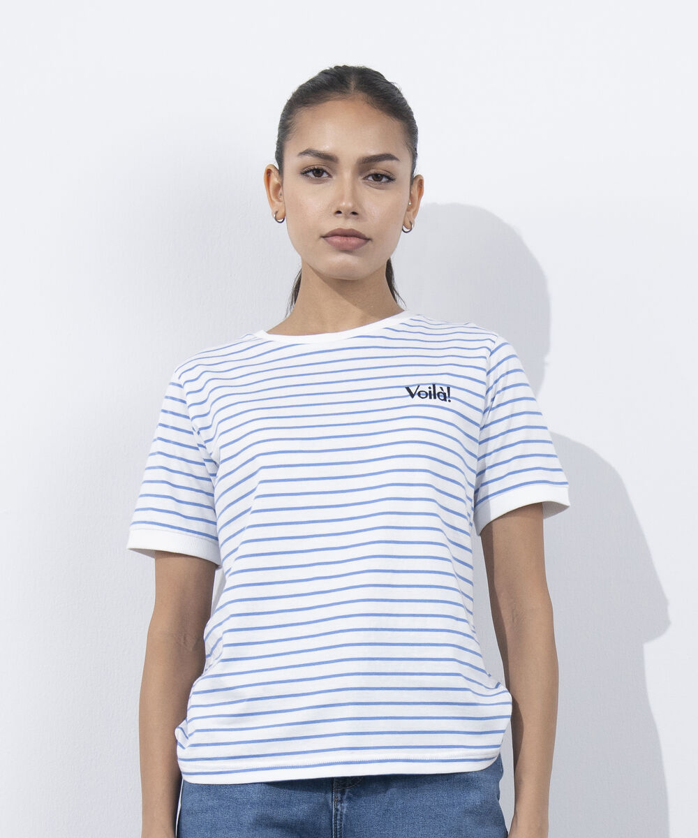 Women's Western Wear White Striped T-Shirt With Graphic Print