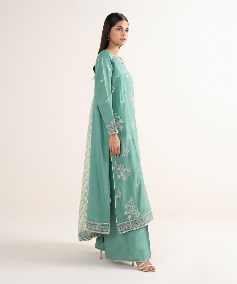 Women's RTW Raw Silk Green Embroidered 3 Piece Suit