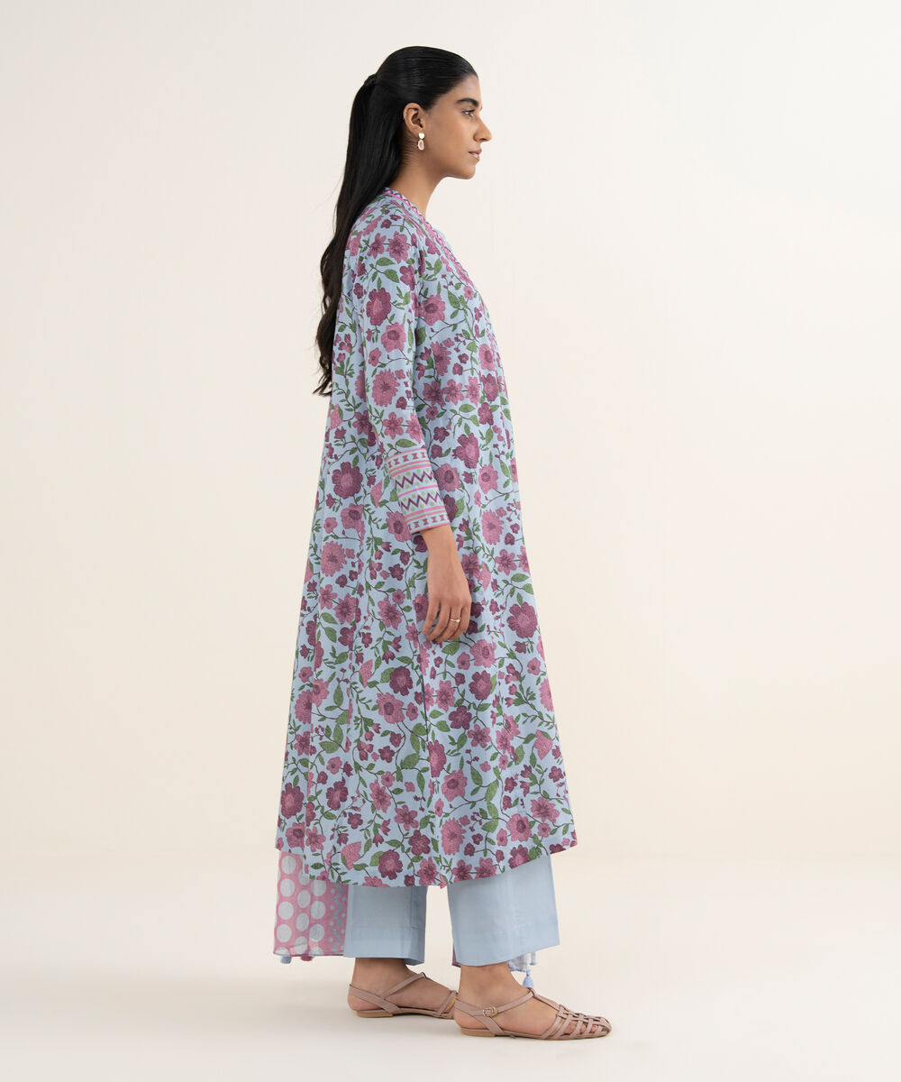 Women's Unstitched Lawn Printed Blue 3 Piece Suit