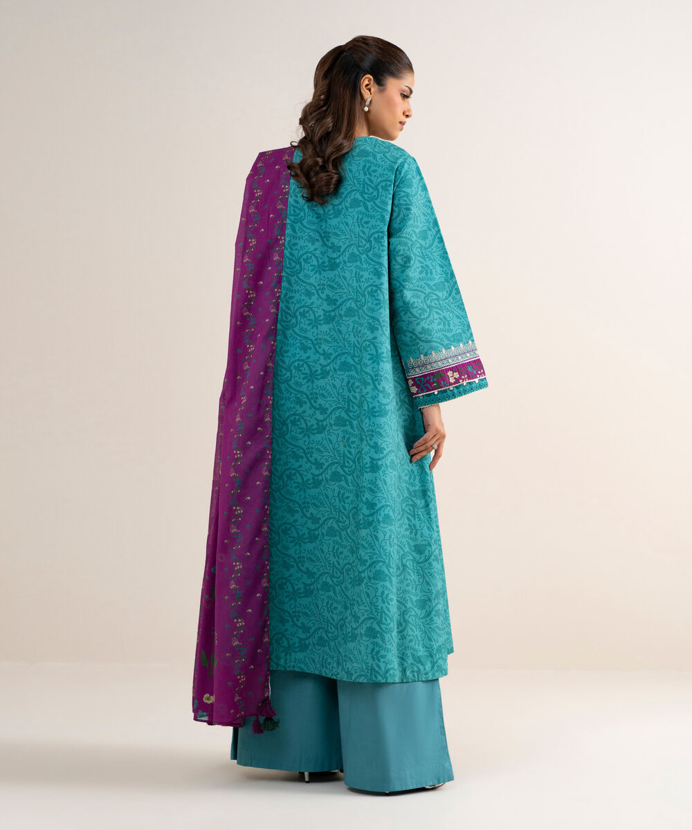 Women's Unstitched Cotton Embroidered Green 3 Piece Suit