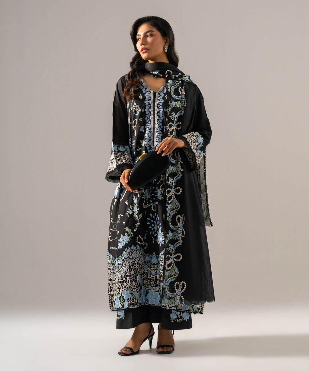 Women's RTW Lawn Solid Embroidered Black 3 Piece Suit