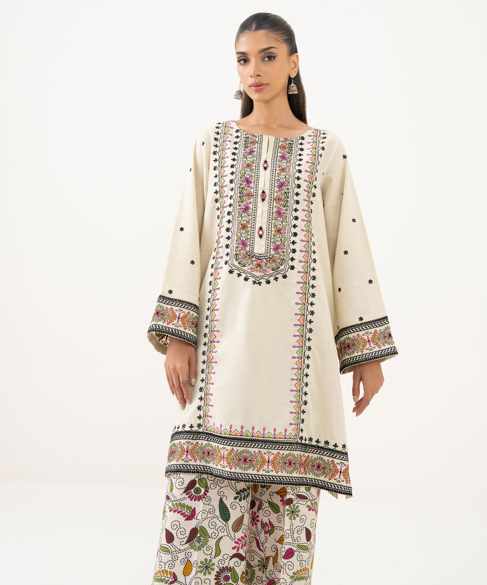 Women's RTW Cotton Embroidered A-Line Off White Shirt