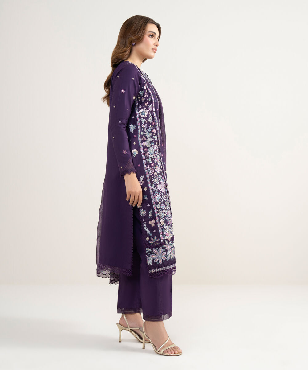 Women's Unstitched Fine Cotton Satin Embroidered Purple 3 Piece Suit