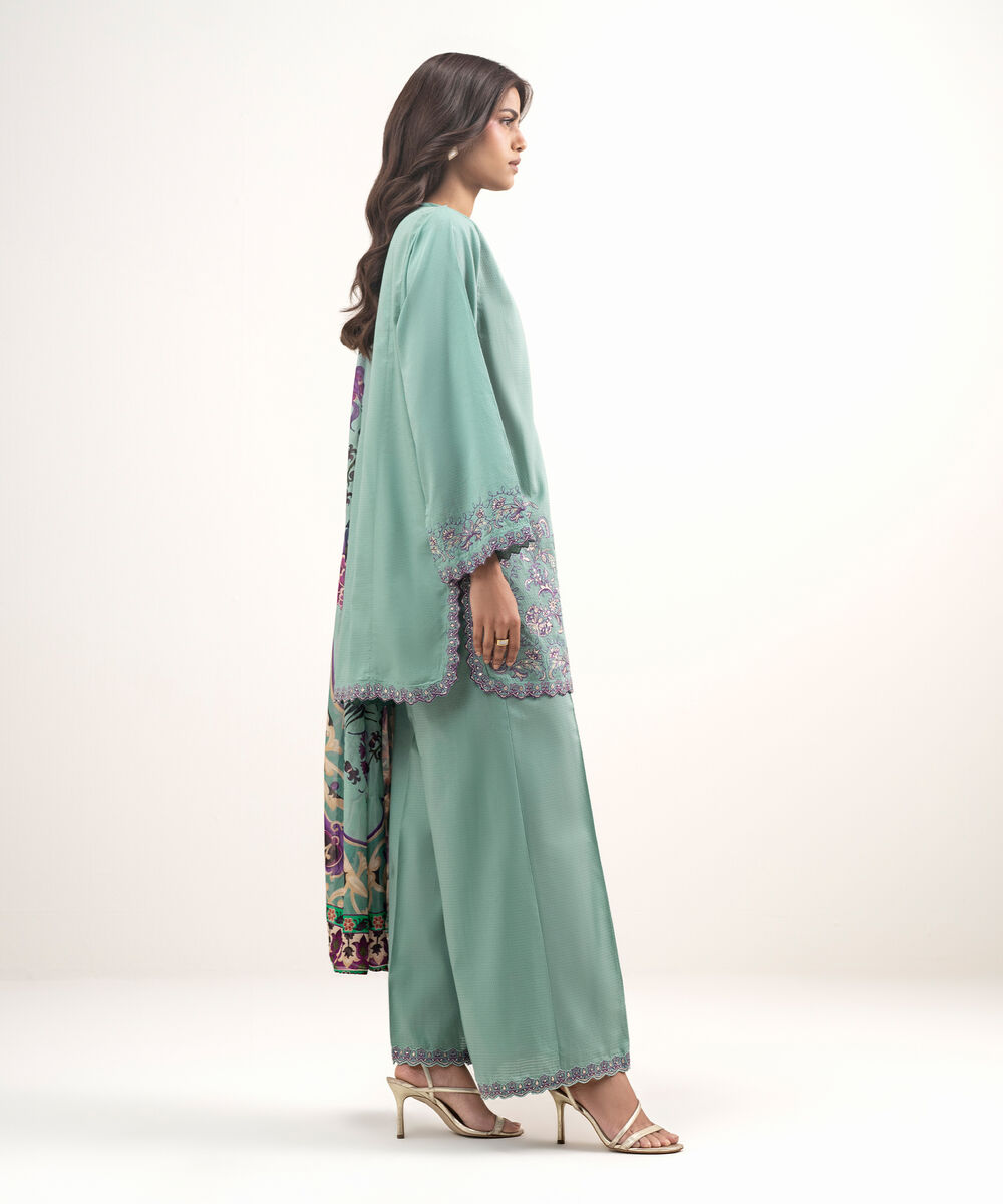 Women's RTW Dobby Embroidered Seafoam Blue 3 Piece Suit