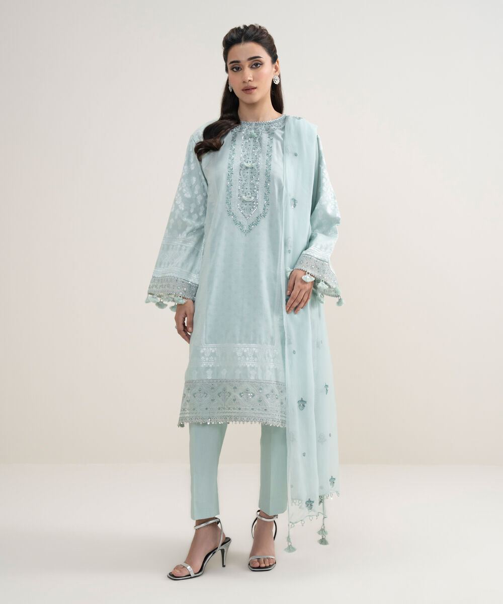 Women's Unstitched Extra Weft Jacquard Embroidered Blue 3 Piece Suit