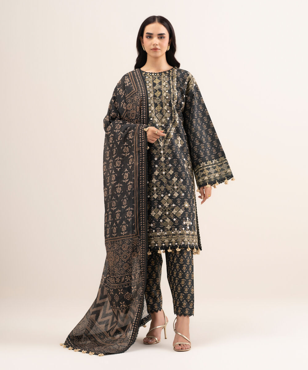 Women's Unstitched Lawn Embroidered Black 3 Piece Suit