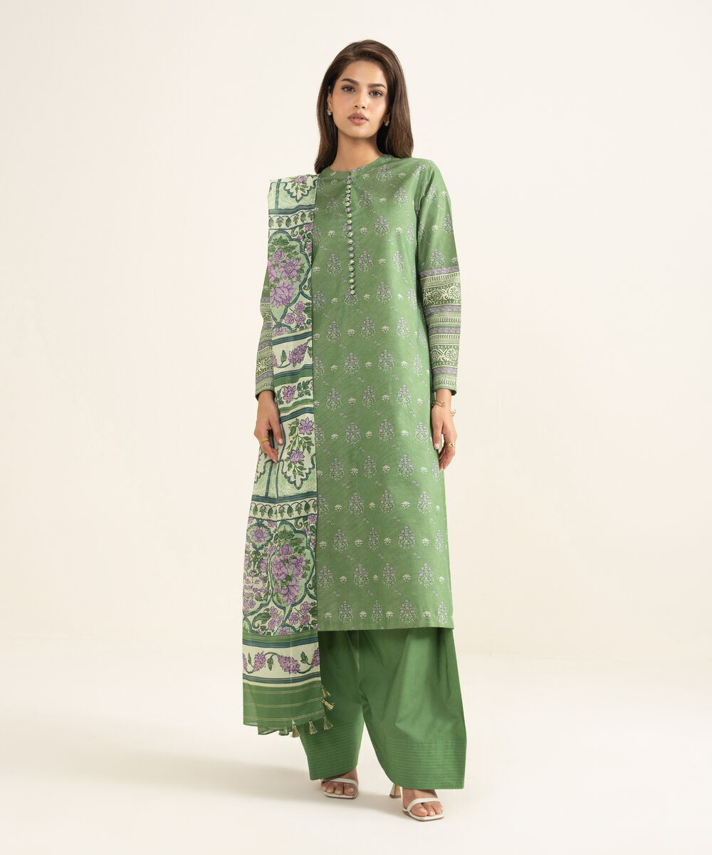 Women's Unstitched Zari Lawn Printed Green 3 Piece Suit