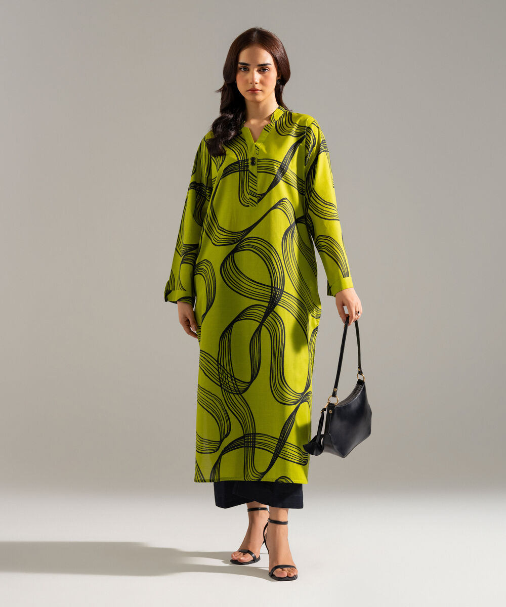Women's RTW Slub Lawn Printed Green Straight Shirt