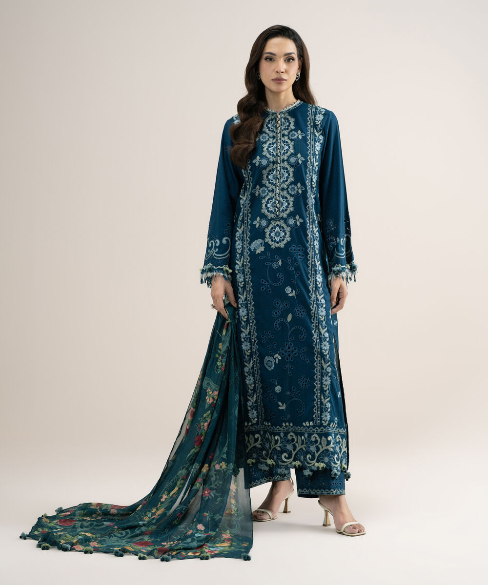 Women's Unstitched Embroidered Dobby Teal Green 3 Piece Suit