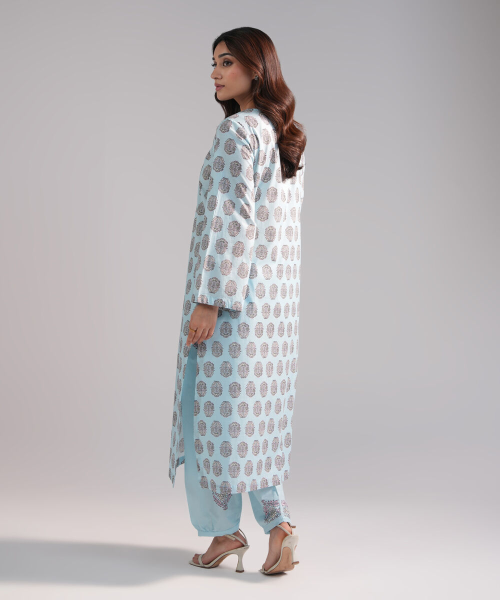 Women's RTW Slub Lawn Printed Blue Straight Shirt