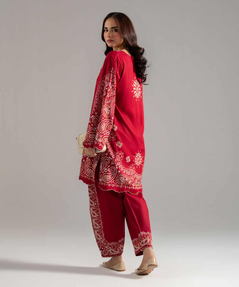 Women's RTW Arabic Lawn Printed Maroon Straight Shirt