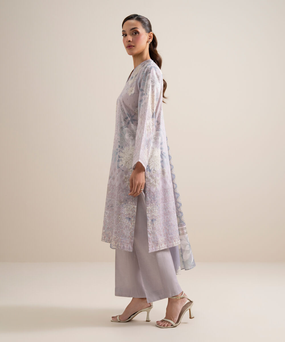 Women's Unstitched Lawn Embroidered Light Purple 3 Piece Suit
