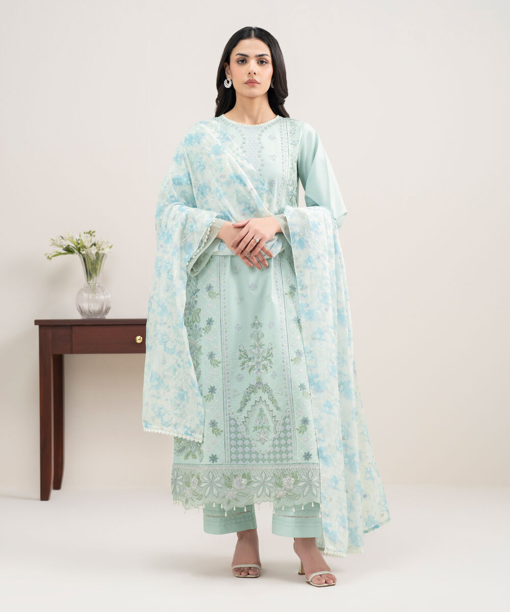 Women's Unstitched Lawn Embroidered Aqua 3 Piece Suit